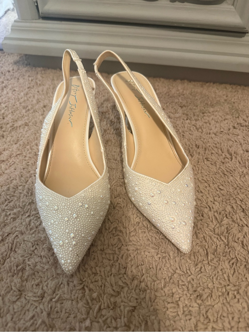 Betsey Johnson Ivory Beaded Pointed Slingback Heels
